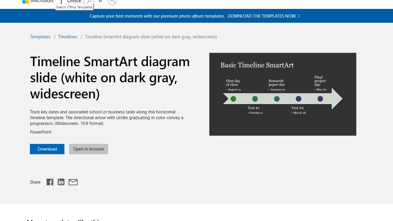 Timeline SmartArt diagram slide (white on dark gray, widescreen)