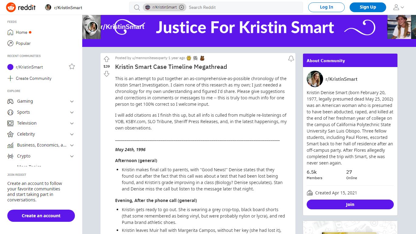 Kristin Smart Case Timeline Megathread : KristinSmart - reddit
